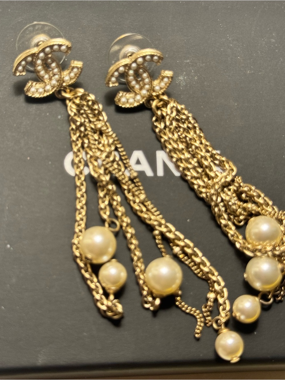 CHANEL Gold Pearl Chain Tassel Drop Earrings